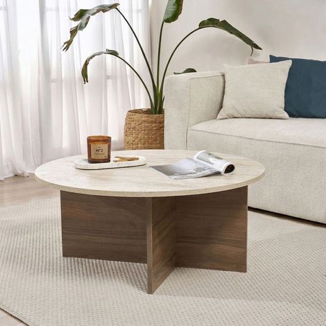 Runder Couchtisch Walnuss und Travertin Melamin Japandi 90 cm -