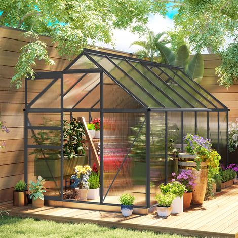 Serre de jardin en aluminium polycarbonate avec fondation réglable porte coulissante serre avec fenêtre 190x375x199cm style élégant (1/4)