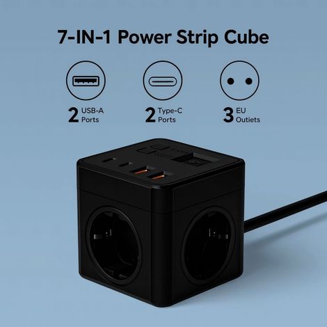 ORION91 Power CUBE 7 in 1 Black with 1.5m cable features 3 AC outlets, 2 USB, and 2 Type-C ports, perfect for surge protection and quick charging. Ideal plug extension for all your devices. (1/5)