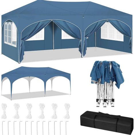 Tonnelle de jardin 3x6 m bleue avec 6 parois latérales, structure métallique, toile déperlante (1/5)