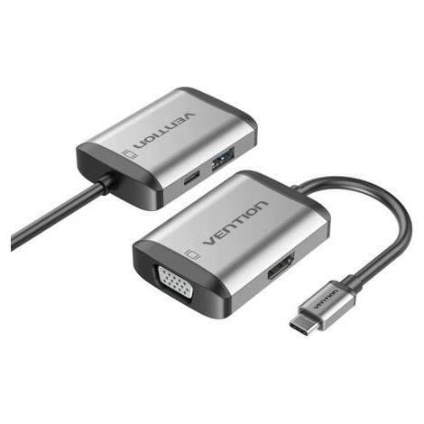 Conversor Vention TFAHB/ 1xUSB/ 1xHDMI/ 1xVGA/ 1xUSB Tipo-C PD/ 15cm/ Gris