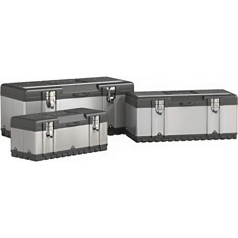 Werkzeugkoffer 3er Set leer Werkzeugkasten Werkzeugkiste mit abnehmbarem Tablett, Griffe, Verschlüsse, Werkzeugbox aus Edelstahl, Schwarz+Silber