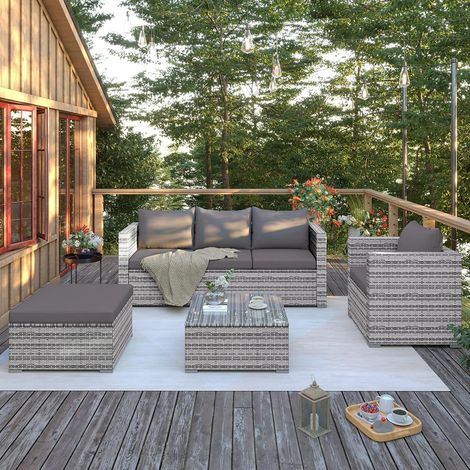 6-piece rattan garden furniture set with 5-seater sofa and weather-resistant PE rattan steel frame (1/5)