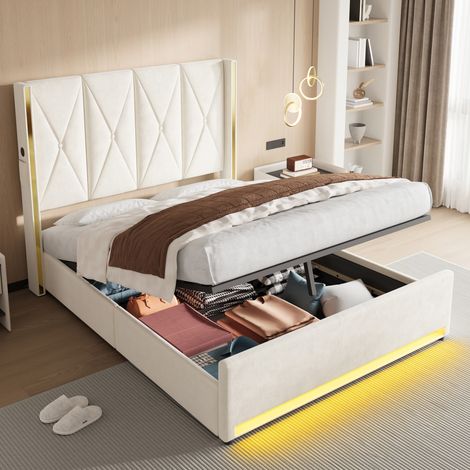 Lit coffre en velours beige 160x200 cm, tête de lit haute capitonnée, USB, LED (1/5)