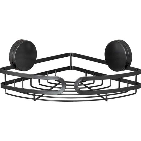 WENKO Static-Loc® Plus Mensola d'angolo Pavia Nera, Ripiano per il bagno, Installazione senza forare, Nero, Acciaio nero, Plastica (ABS) nera (1/5)
