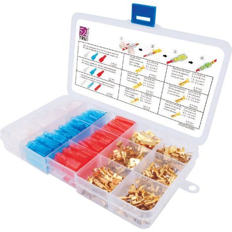 TRU COMPONENTS T1809C019 Flachstecker-Sortiment Rot, Blau, Transparent, Messing 320 Teile