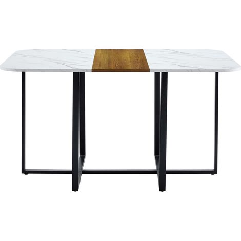 Table à manger design 2 textures marbre et bois, plateau MDF sans vernis, piètement métal noir croisé, pour 4 à 6 personnes, facile d'entretien, style scandinave épuré, plateau authentique et chaleure (1/5)