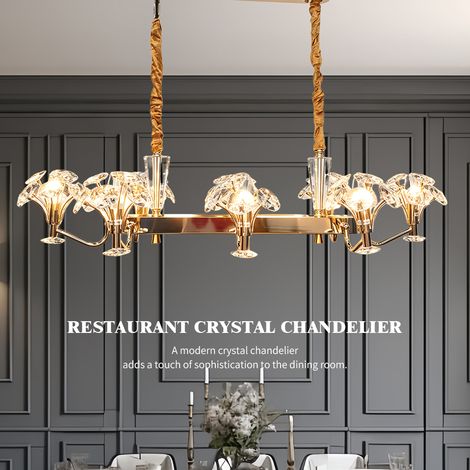 Länglicher Kristall-Kronleuchter 8-flammig, goldene Pendelleuchte mit praktischer E14 Fassung, Gesamtlänge 107 cm, elegante Design-Hängelampe für Wohnzimmer und Esszimmer