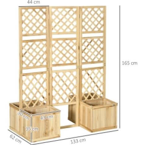 Paravent extérieur 3 panneaux 133 x 165 cm couleur naturelle, séparateur d'espace pliable avec 4 bacs de plantation en bois traité, résistant aux intempéries pour jardin, terrasse et piscine