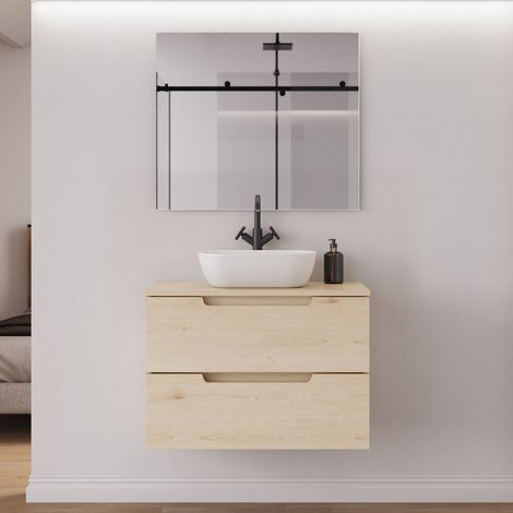 Meuble de salle de bain 60cm avec plateau et vasque à poser arrondie - 2 tiroirs - roble calima (bois clair) - SONRIZA (1/5)