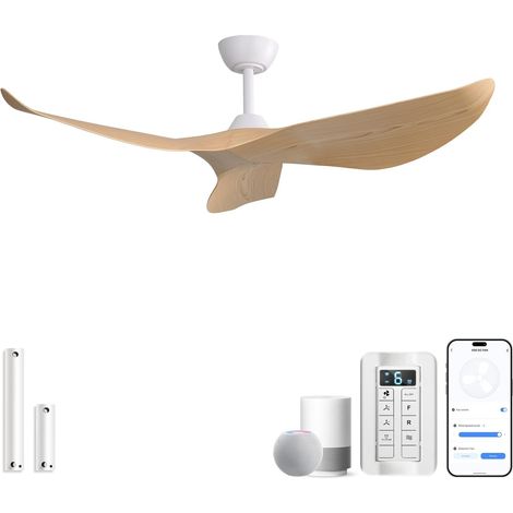 132 cm Ventilateur de plafond avec Télécommande, WiFi, sans éclairage, 3 Pales, 6 Vitesses, Minuterie, Silencieux DC Moteur, Mode été et Hiver, pour Chambre, Salon, Cuisine (1/5)