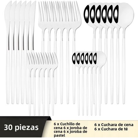 (Argent) Ensemble de couverts 30 pièces en acier inoxydable : couteau, fourchette, cuillère, couverts, argenterie (1/5)