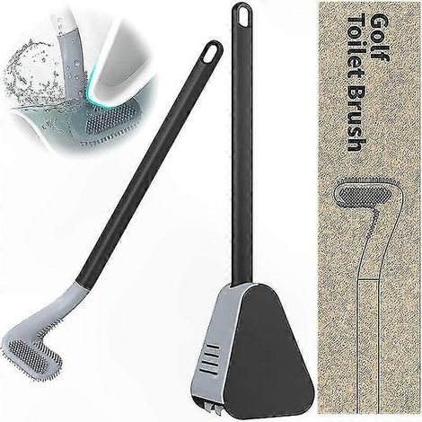 Balai de toilette en silicone avec manche long et support mural, outil de nettoyage résistant pour salle de bain, noir, 100x415x71mm (1/5)