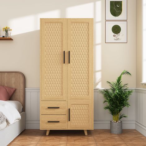 Armadio camera con archiviazione, 3 ante effetto rattan, 2 cassetti, 1 asta, per spogliatoio, colore rovere (1/5)