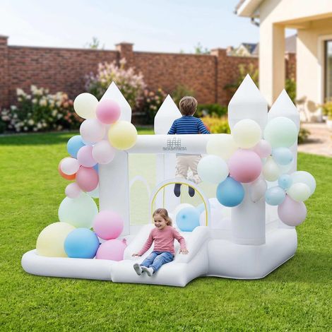Château gonflable multicolore en Oxford avec soufflerie, filets de sécurité, toboggan et panier de basket pour jardin et intérieur (1/2)