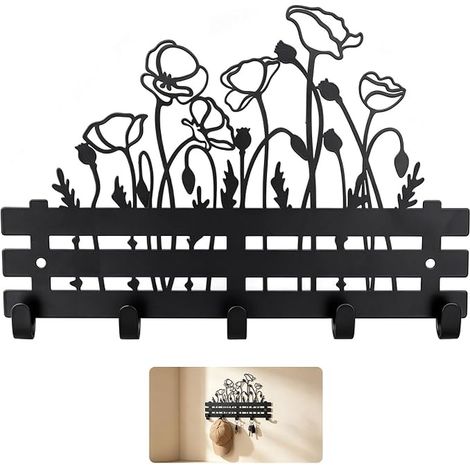 Porte-Clés Mural Étagère Crochets Sans Perçage, Porte Clef Rangement Courrier Accroche Clé, Plateau Amovible Acier Motif Chat Chien Entrée Couloir Salle De Bain, Noir (1/2)