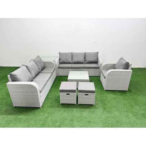 Fimous 9 Seater Poly Rattan Outdoor Garden Furniture Square Coffee Table Sofa Set Patio 3 Seater Sofa Reclining Chair 3 Seater Sofa Stools Side Table Light Grey (1/4)