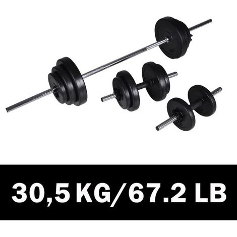 Barre d'haltères et deux haltères de 30,5 kg