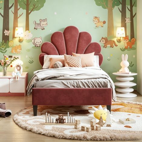 JOOKGBD-Lit Enfant 90x200 cm,Lit Rembourré 90x200 cm avec Tête de Lits Réglable,Lit Simple de Princesse en Forme de Fleur,Lit pour fille,Lit Adolescent,Sommier à Lattes,velours,Rouge (1/5)