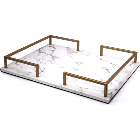 Bandeja decorativa de mármol PU, rectangular, con asas doradas, para servir y guardar joyas, color blanco