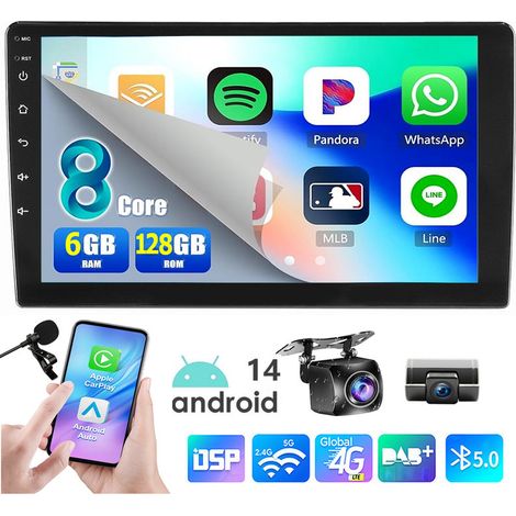 Autoradio 9 pouces QLED double DIN Android 14 avec CarPlay, navigation GPS, Bluetooth, Wi-Fi - 6+128G DVR+ MIC CAM (1/5)
