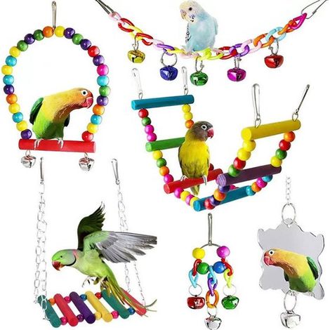 Ensemble de 6 jouets pour perroquets : hamac, balançoire, échelle pour cage, perchoir en bois, jouets à mâcher. Idéal pour grimper, sauter et mâcher. Convient aux perruches ondulées, conures, insépara (1/5)