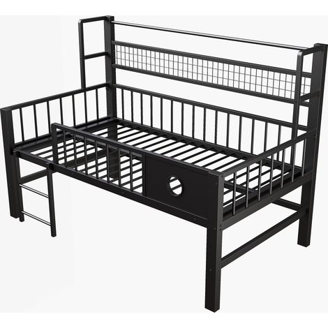 Lit pour enfant 90200cm, lit mezzanine bas avec cadre métallique et compartiments de rangement, adapté aux enfants et aux adolescents, noir