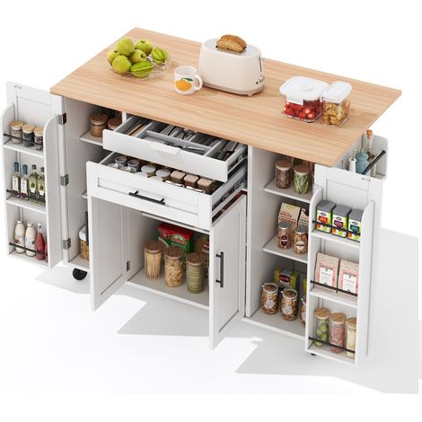 Îlot de cuisine, extensible, plateau rabattable, sur roulettes, en MDF, 136 x 70 x 92 cm, blanc et naturel (1/5)