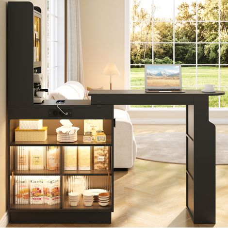 Table de bar extensible avec rangement, placard à portes vitrées, étagère et éclairage LED contrôlé par Bluetooth, prises USB et USB-C, MDF noir, 131 à 170 cm – CHICFURN (1/5)