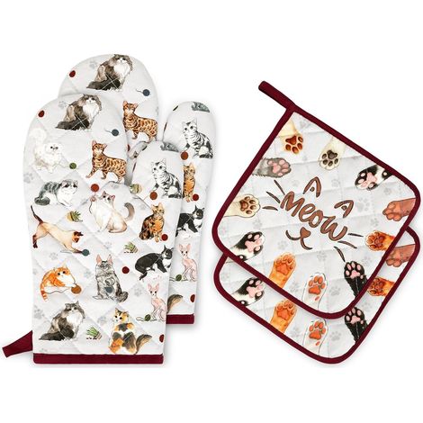 Gants De Four & Maniques Chat De Dessin Animé Lot De 4, 100% Coton Maniques Cuisine Gant Four Anti Chaleur Extra-Longue pour Barbecue, Cuisine, Griller,Micro-Ondes Décoration Cadeaux Vacances (1/4)