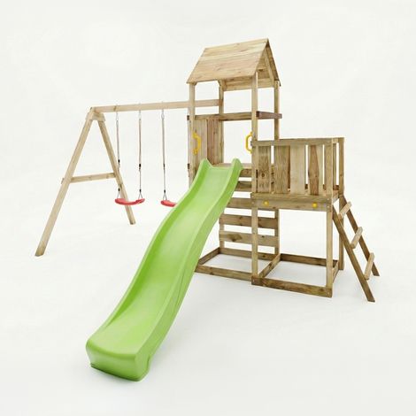 Gioco da giardino in legno Maxplay 3.2 con Scivolo Verde, torre, parete di arrampicata e doppia altalena (1/5)