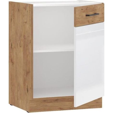 ROCK - Meuble bas - Mélaminé chêne Lancelot et Blanc brillant - 60 cm - 1 porte battante - Plan de travail non inclus (1/2)