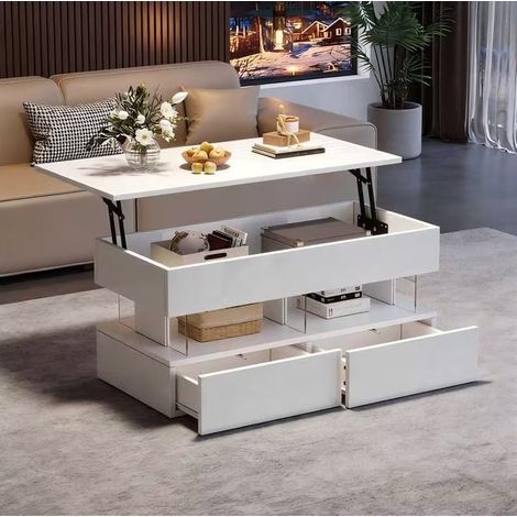 Mesa de centro elevable 100 x 50 x 46 cm con almacenamiento oculto, 2 cajones, LED, blanca DESVIAE (1/5)