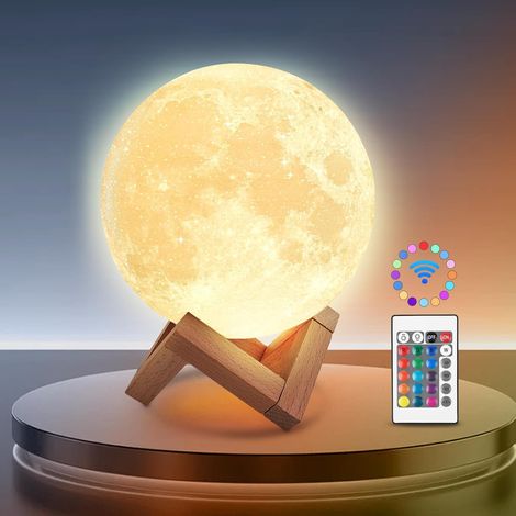 Moon Lamp, 3D Upgraded, 16 Colors, Wooden Base, Remote Control and USB Charging, Moonlight Decoration for Adults, Girls, Children's Birthdays, 15cm (1/5)