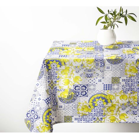 Tovaglia Cotone Sissi Fantasia Maiolica e Limoni - Stile Mediterraneo - Made in Italy Cm. 180 rotondo