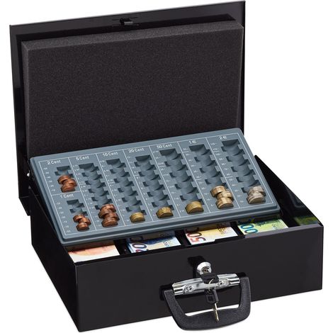 Relaxdays Caisse à monnaie, verrouillable, monnayeur, 4 compartiments pour billets, fer, HLP : 11,5x36x28,5 cm, noire (1/5)
