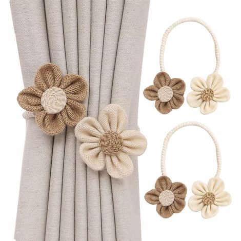 Lot de 2 embrasses de rideau, rotation 360°, motif fleur, coton et fer, sans perçage, pour chambre et salon (1/5)