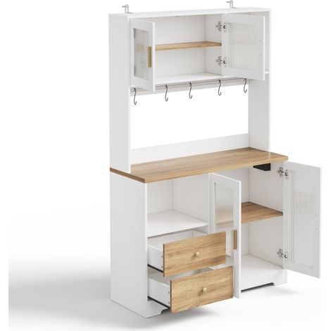 Credenza alta da cucina con LED, prese USB e vetrina in vetro temperato 110x40x178 cm (1/5)