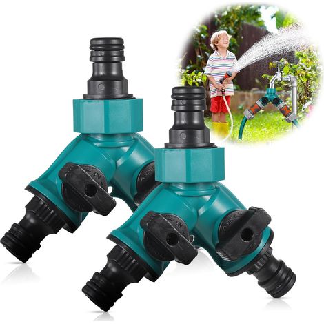 Lot de 2 raccords en Y pour tuyau d'arrosage avec vannes marche/arrêt individuelles, raccords à 2 voies pour l'irrigation du jardin. (1/5)