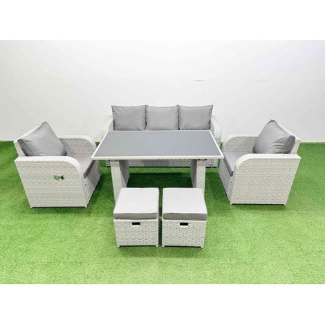 Fimous Outdoor Rattan Garden Furniture Dining Set 7-seater Patio Rectangular Table 3 Seater Sofa Reclining Chair Set with 2 Small Stools (1/4)