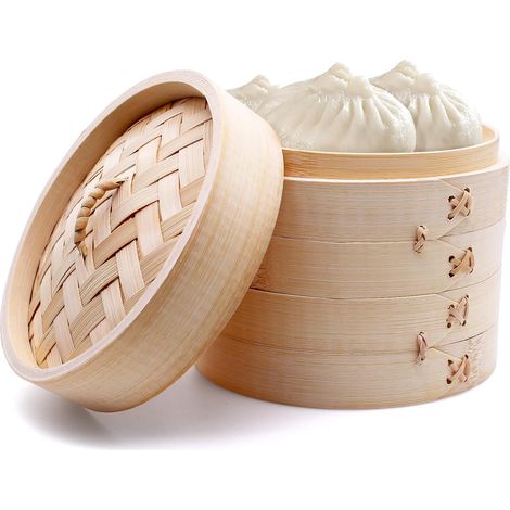 Bamboo Steamer 2 Tier with Lid 15cm Basket with 2 Silicone Baking Mats for Dumplings, Rice, Dim Sum, Vegetables, Meat (S) (1/5)