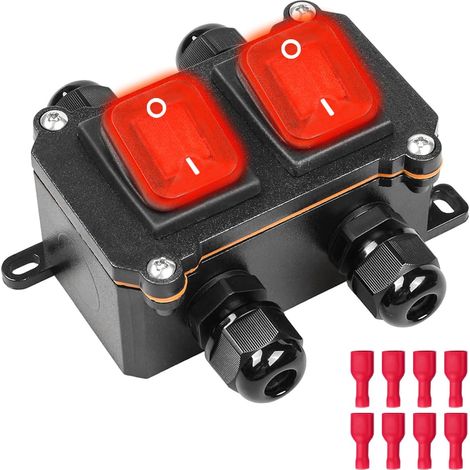 IP66 Waterproof DPST 12V DC 20A 8-Pin 2-Position On/Off Outdoor Rocker Switch Box, with Red Light