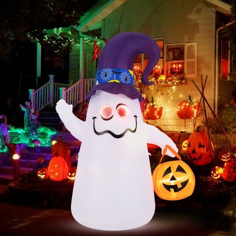 Décoration d’Halloween Gonflable 180cm Fantôme Mignon avec Lanterne Citrouille Chapeau de Sorcier 5 Lumières LED à Intensité Variable Blanc (1/3)