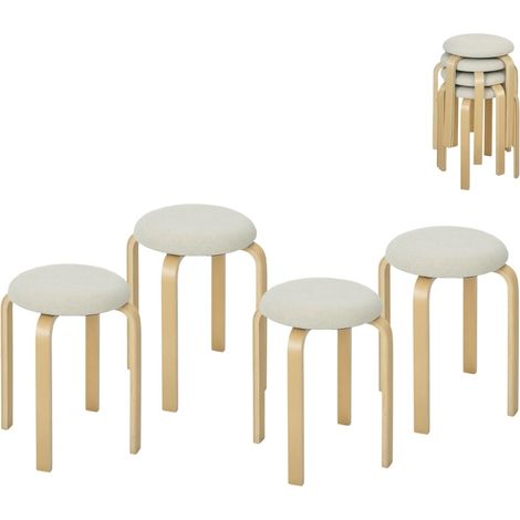 Set de 4 tabourets empilables ronds en bois de bouleau avec assise en tissu lin crème, 40x40x45 cm (1/5)
