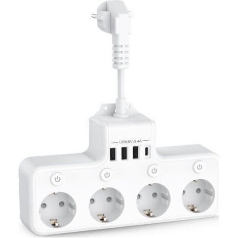 Multiprise USB 8 en 1, 4 prises avec 4 ports USB, chargeur de voyage (5V/3A, 5V/2,4A), multiprise 3680W 16A avec 4 interrupteurs multiples individuels pour la maison et le bureau, blanche. (1/5)