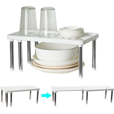 Organisateurs Étagère Cuisine armoires Placard - Extensible Porte épices en plastiques pour Rangement comptoirs Vaisselle garde manger nourriture et ustensiles Bocaux Assiettes, Blanc (1/5)