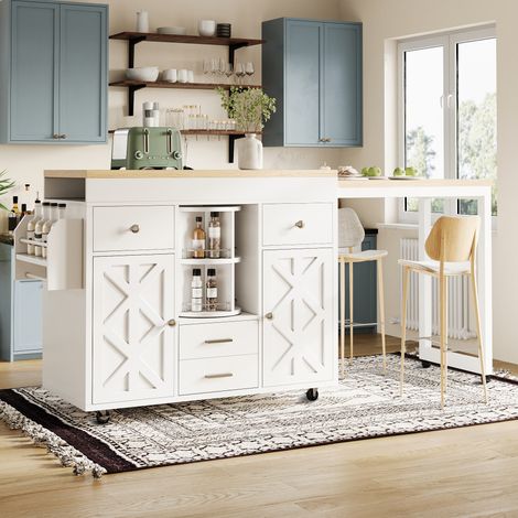 REDOM Mesa de bar con ruedas 110x40x91 cm, tablero extensible hasta 180 cm, 4 cajones, MDF blanco