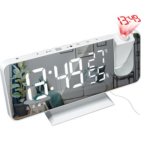 Radio-réveil projecteur avec port USB, double alarme, affichage LED 12/24 h, projecteur à 180°, 4 niveaux de luminosité, idéal pour la chambre ou le bureau. (1/5)