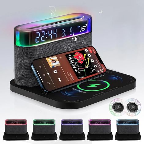Réveil Bluetooth 6 en 1 (noir) avec chargeur sans fil, haut-parleur Bluetooth et veilleuse colorée (1/5)