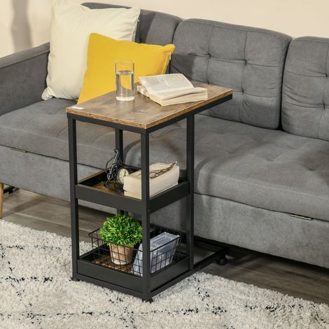 Table Appoint Forme Roues Étagères Ouvertes Cadre Salon Chambre Brun Foncé Mobilier Intérieur Acier 51x33x66cm (1/4)